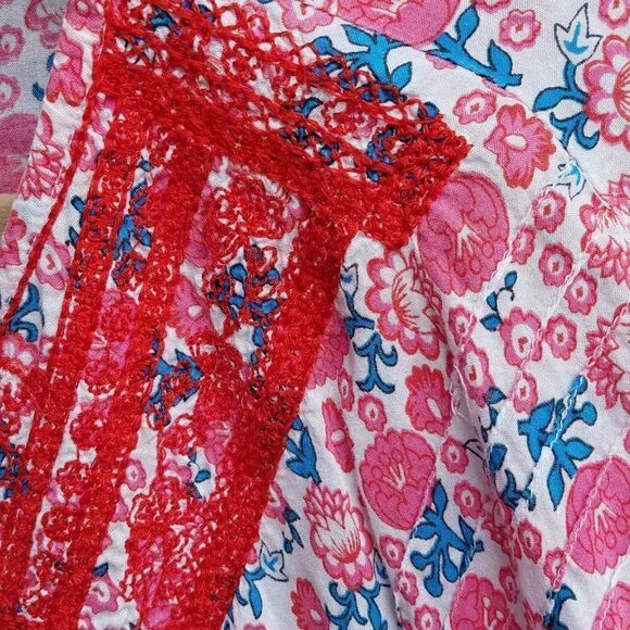Behind the Seams Red/Blue Boho Bat Wing Peasant Top ck measurements - Picture 6 of 11